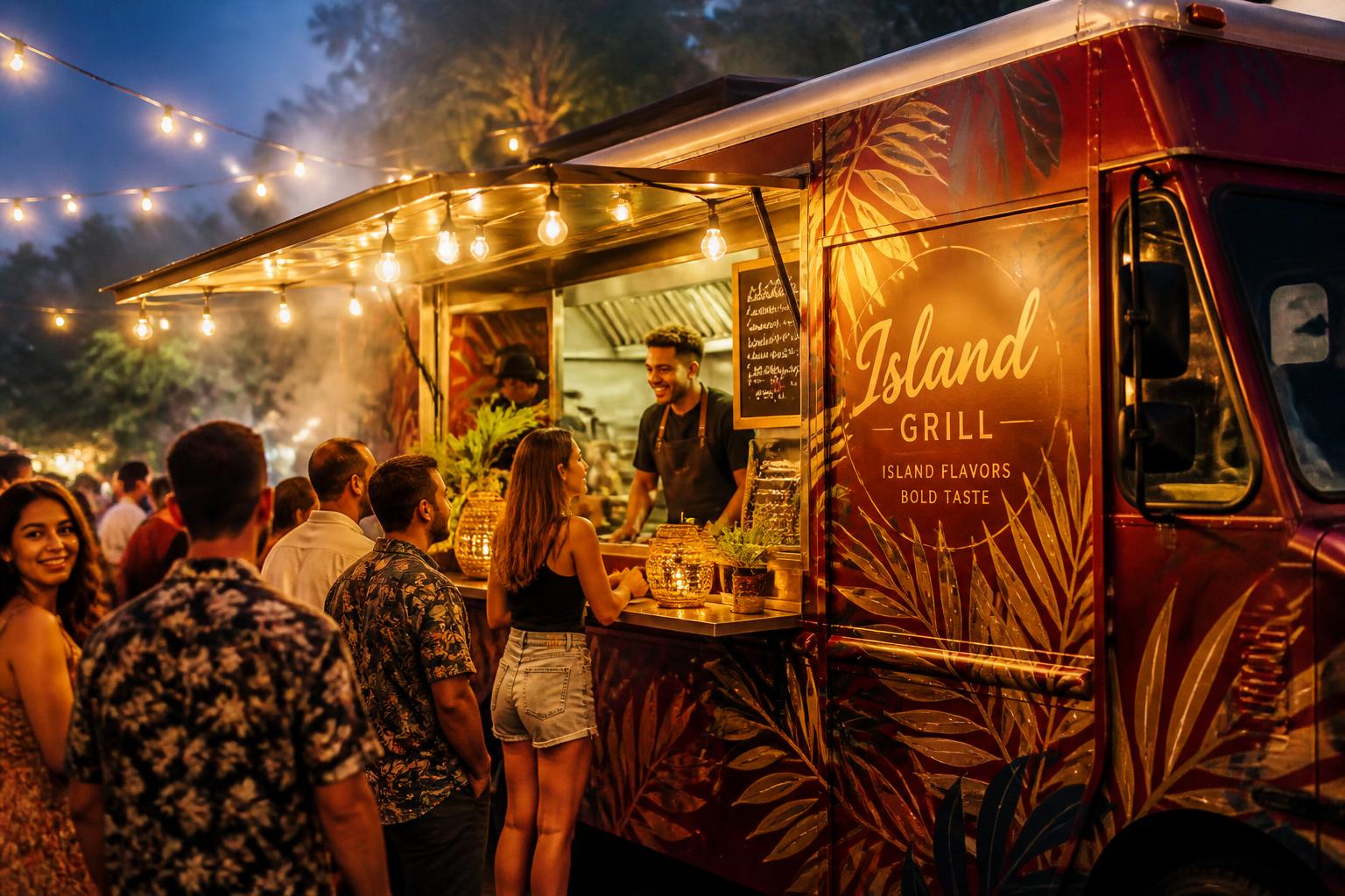 De Dewandaru foodtruck met sfeerlichtjes tijdens een evenement in de regio Maastricht