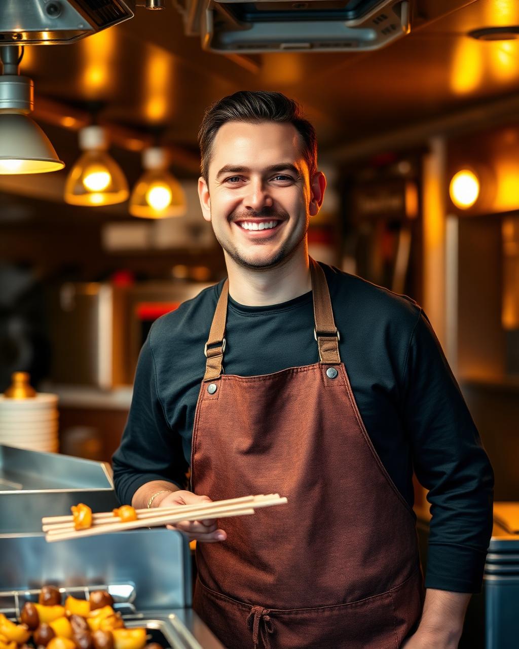 De eigenaar van Dewandaru bij de grill in de foodtruck