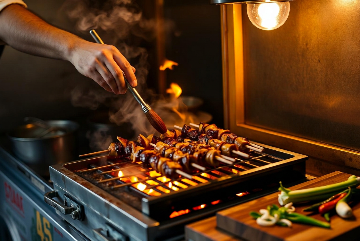 Saté wordt vers bereid en gemarineerd op de grill van de Dewandaru foodtruck